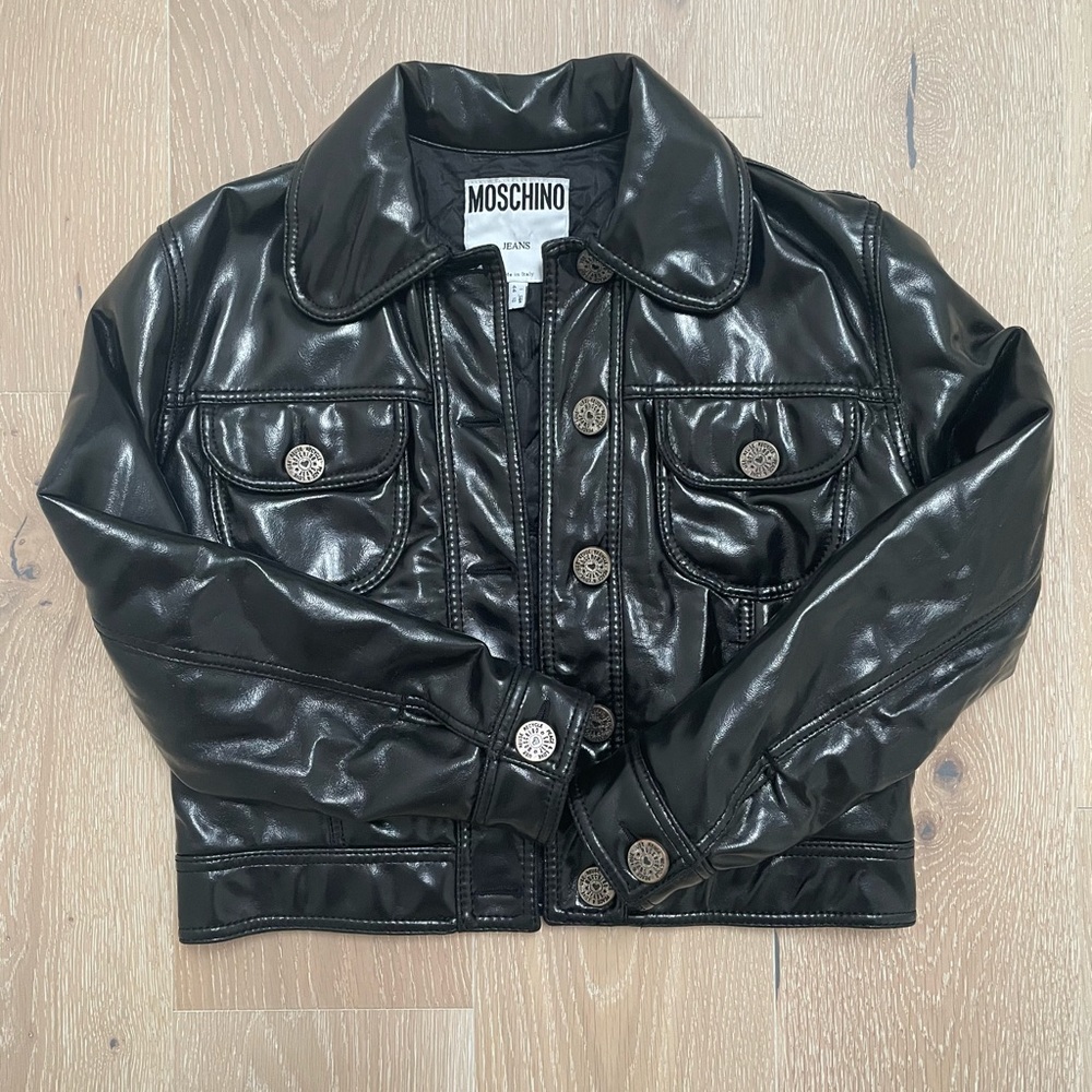 Vintage Moschino Black Quilted Moto Denim Style Patented Jacket UK 44 / US 10